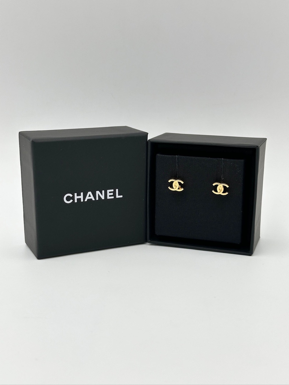 CHANEL Gold CC Logo Stud Earrings with Black Presentation Pouch